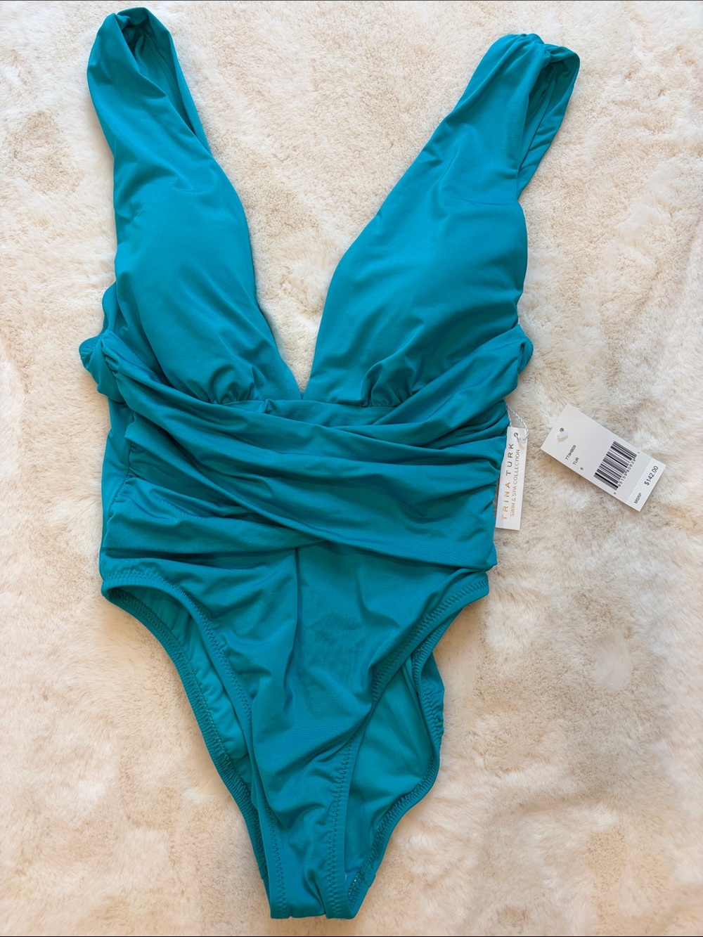 Trina Turk Teal V-Neck Ruched One-Piece Swimsuit